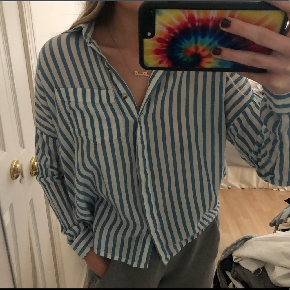 Linen blue striped button up